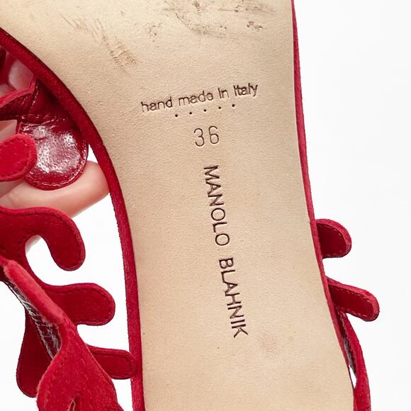 Manolo Blahnik Hidrag 50 Red Suede Leaf Thongs Mule Kitten Heel Sandals IT 36 - Picture 11 of 12
